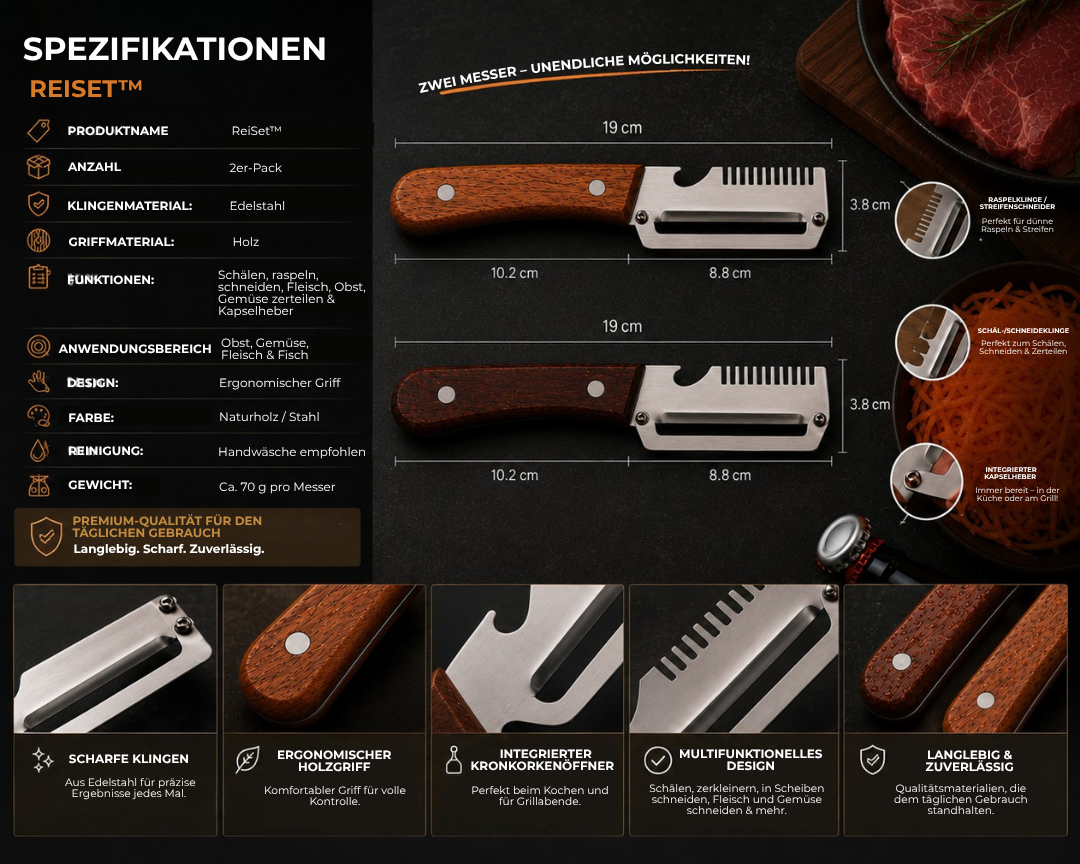 ReiSet™ - Multifunktionales Schäl- und Reibmesser im smarten Set!