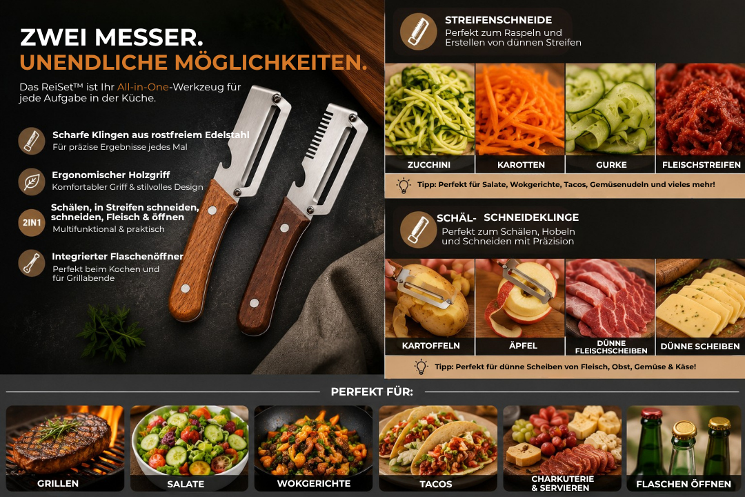 ReiSet™ - Multifunktionales Schäl- und Reibmesser im smarten Set!